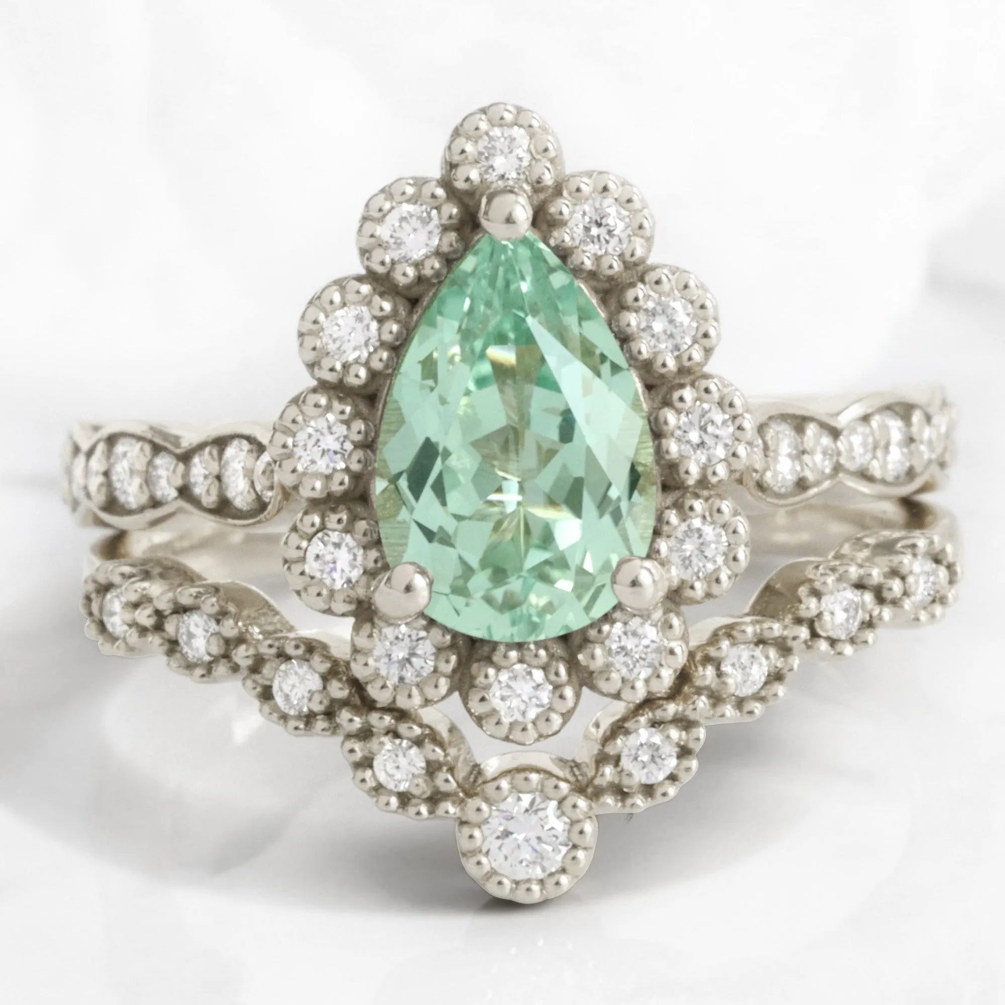 Pear Green Sapphire Ring Bridal Set w/ Milgrain Diamond Band in Vintage Luna Halo