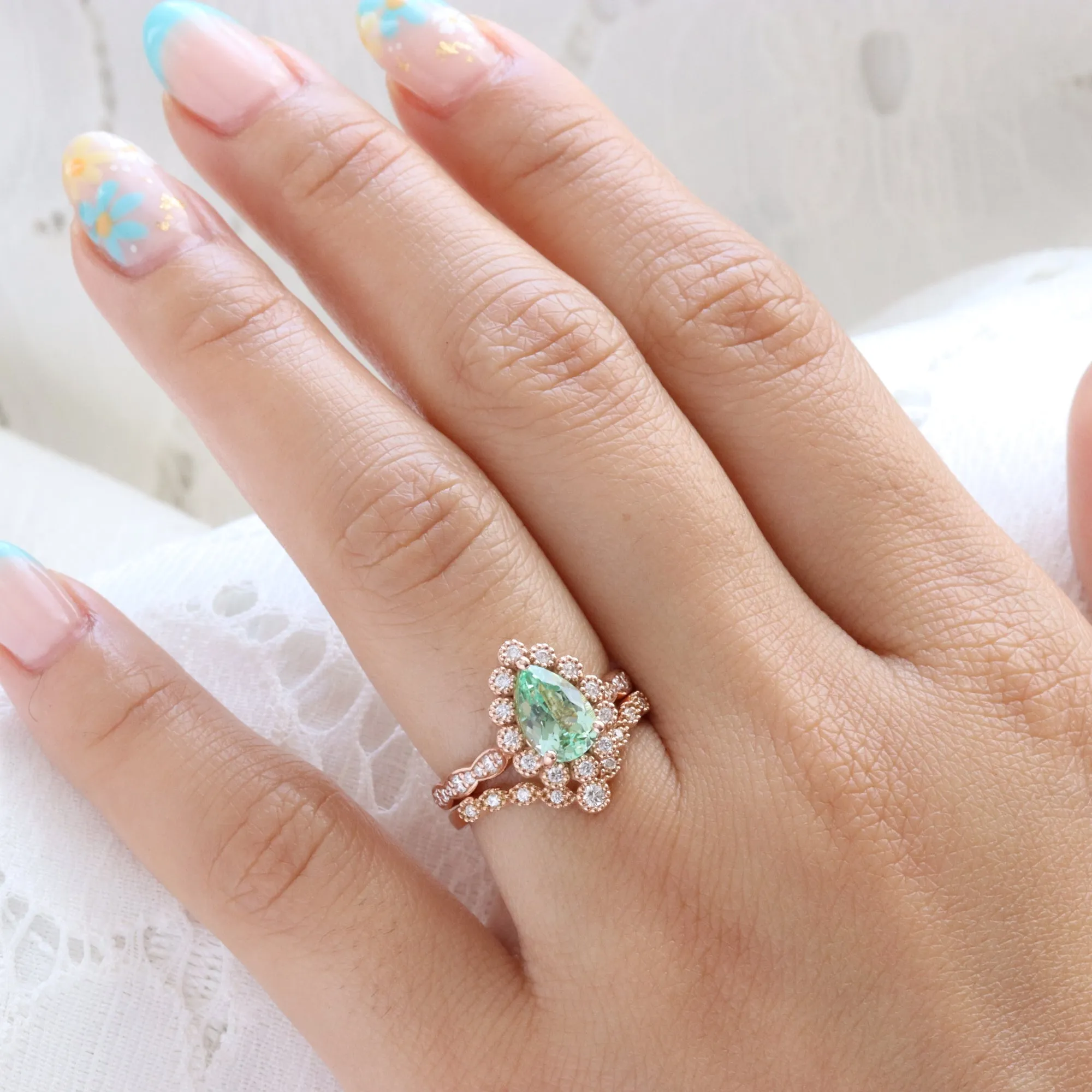 Pear Green Sapphire Ring Bridal Set w/ Milgrain Diamond Band in Vintage Luna Halo