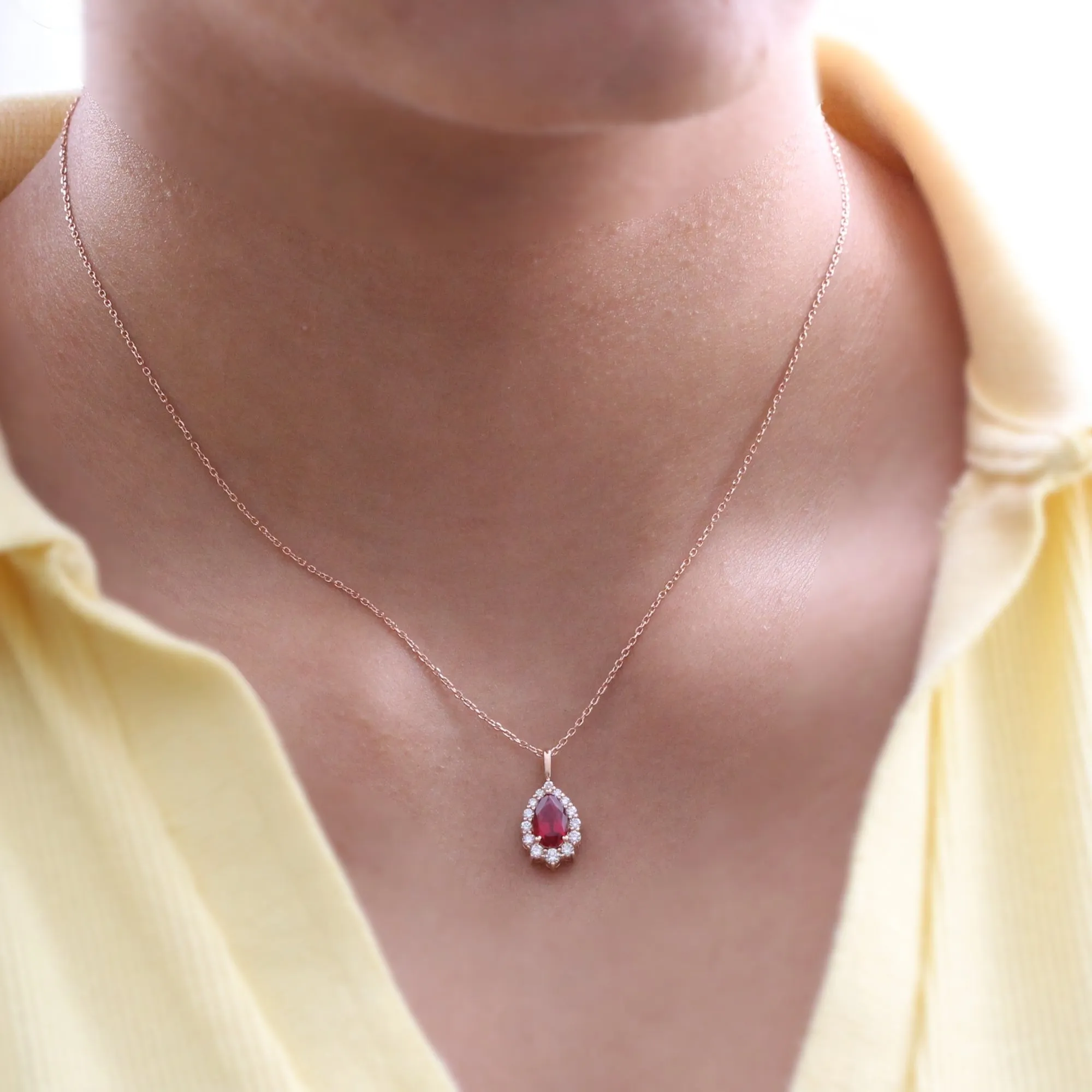 Pear Shaped Ruby Necklace in 14k Gold Tiara Halo Diamond Pendant