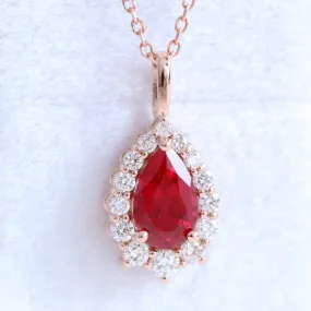 Pear Shaped Ruby Necklace in 14k Gold Tiara Halo Diamond Pendant