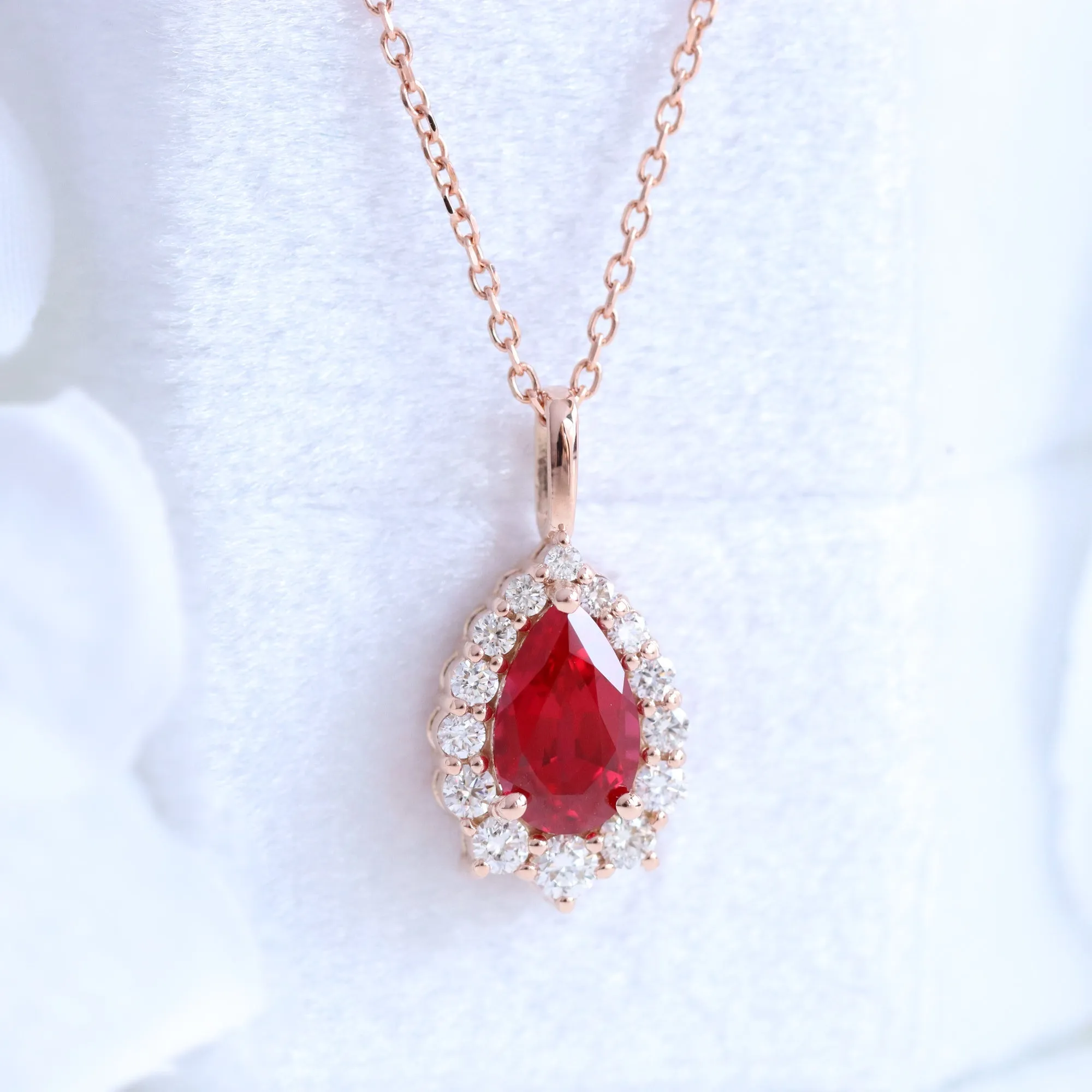 Pear Shaped Ruby Necklace in 14k Gold Tiara Halo Diamond Pendant