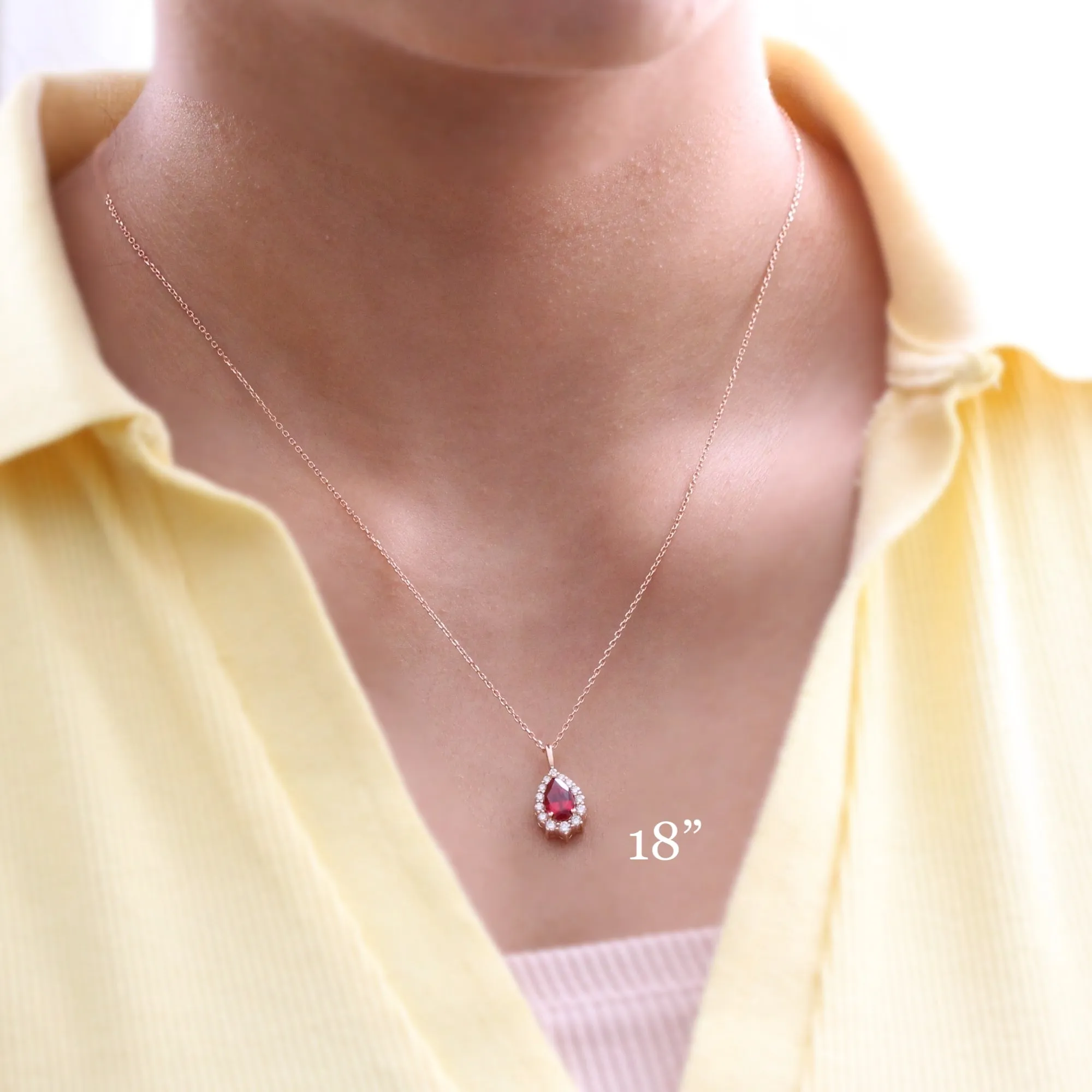 Pear Shaped Ruby Necklace in 14k Gold Tiara Halo Diamond Pendant