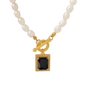 Pearl Necklace With Square Black Zircon Pendant