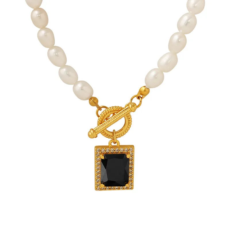 Pearl Necklace With Square Black Zircon Pendant