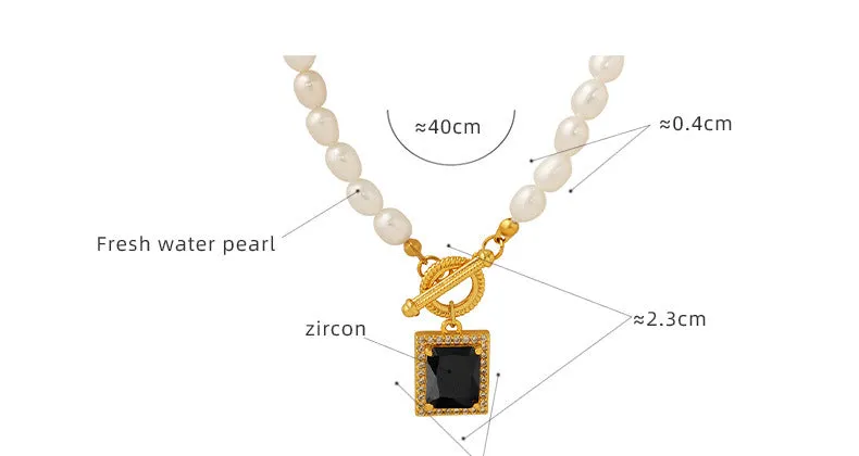 Pearl Necklace With Square Black Zircon Pendant