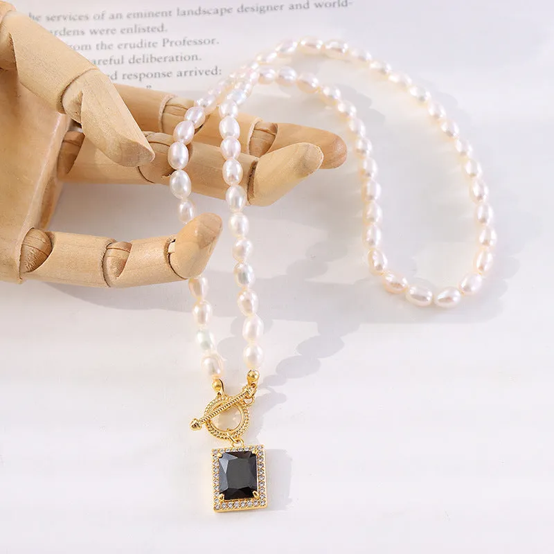 Pearl Necklace With Square Black Zircon Pendant