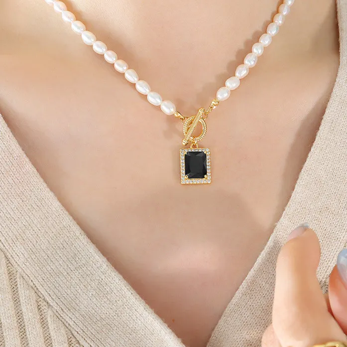 Pearl Necklace With Square Black Zircon Pendant