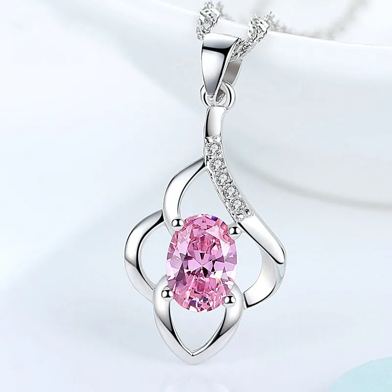 (Pendant Only) Oval Zircon Flower Silver Pendant  for Women