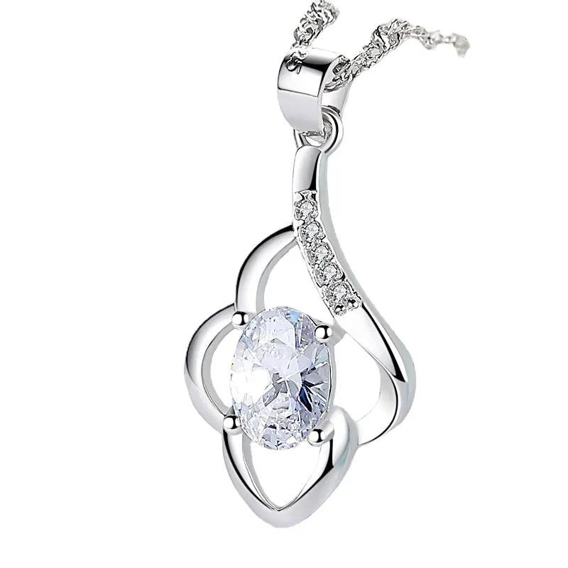 (Pendant Only) Oval Zircon Flower Silver Pendant  for Women