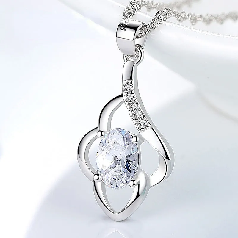 (Pendant Only) Oval Zircon Flower Silver Pendant  for Women