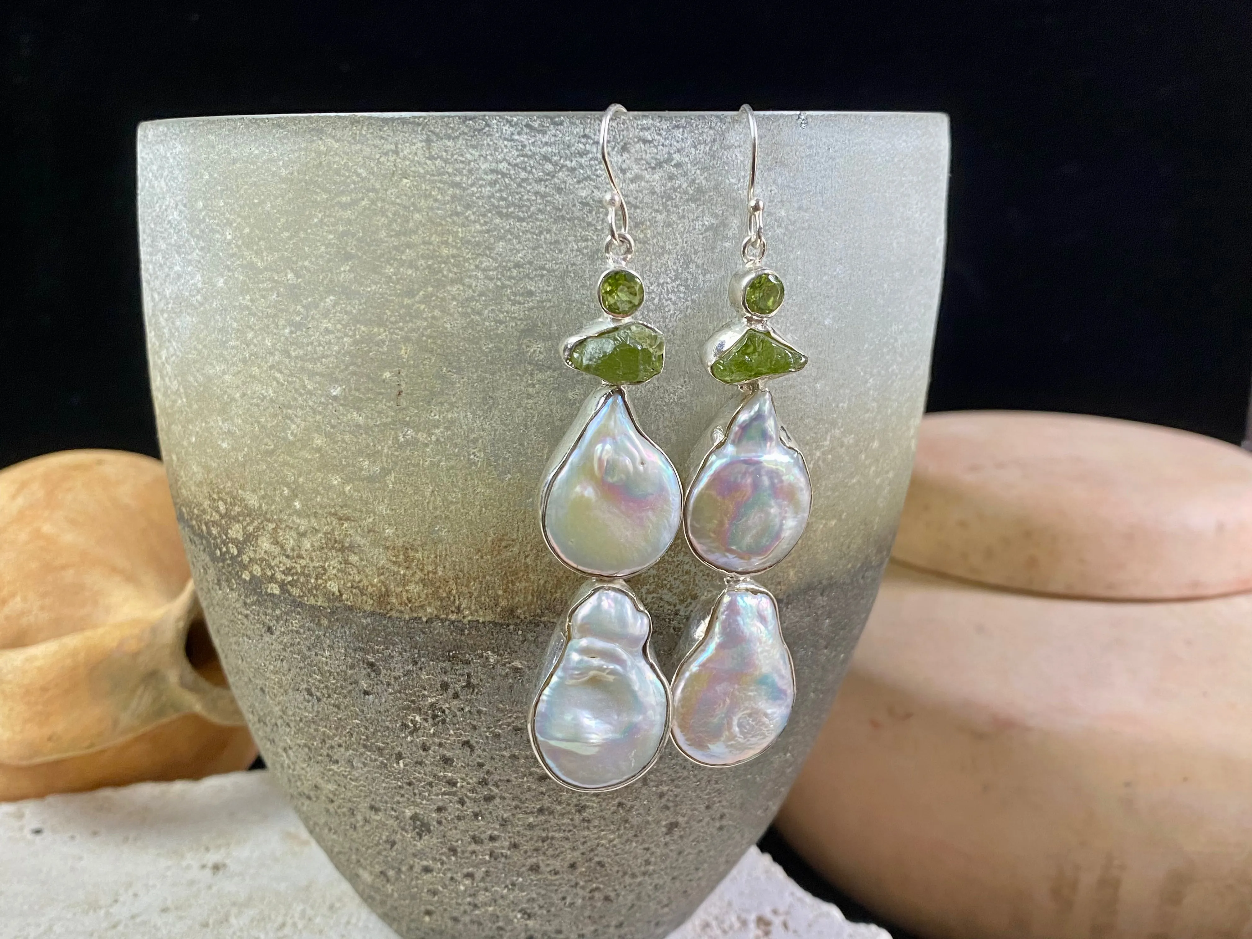 Peridot and Pearl Long Earrings