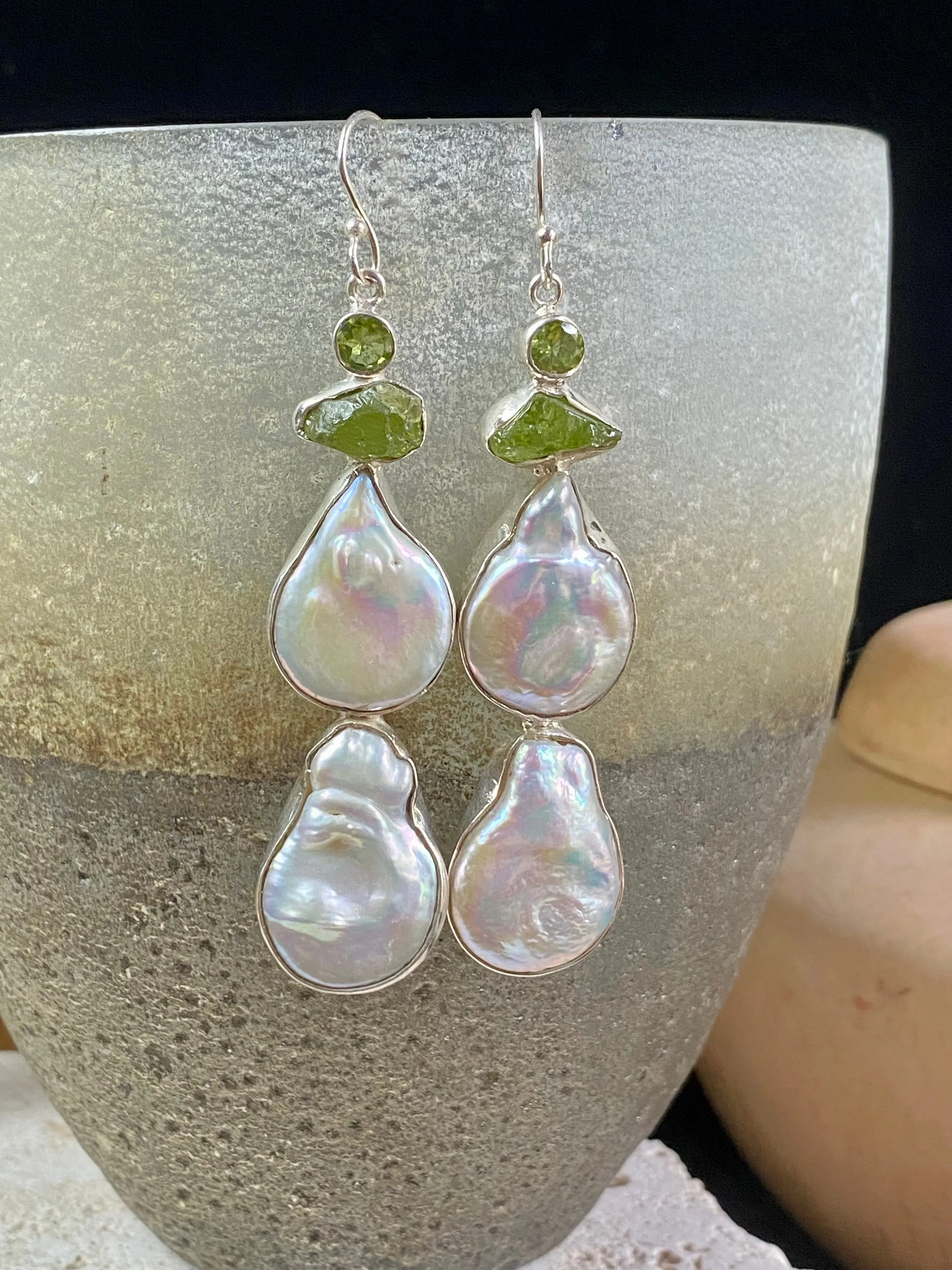 Peridot and Pearl Long Earrings