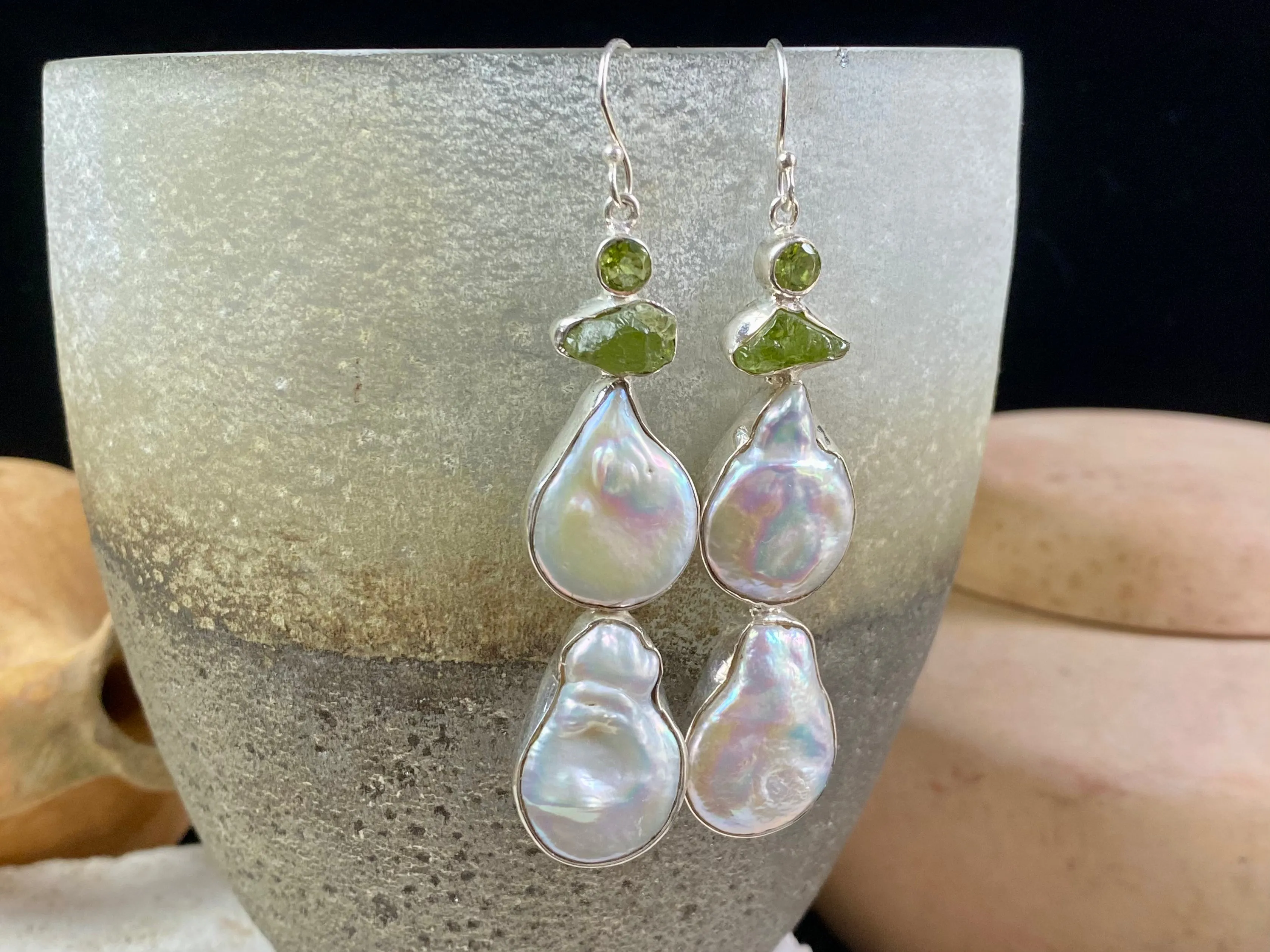 Peridot and Pearl Long Earrings