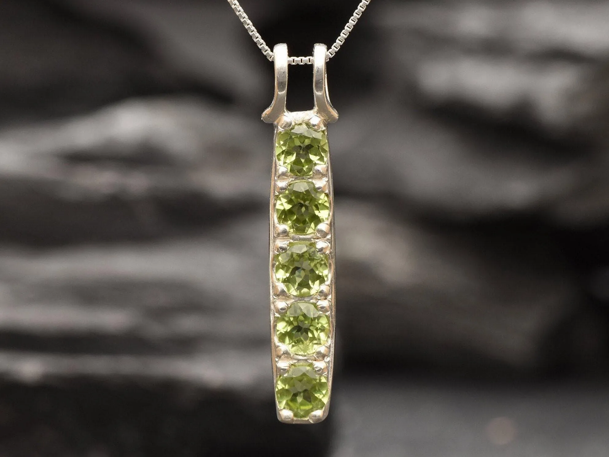 Peridot Pendant - Long Green Necklace - Vintage Bar Necklace