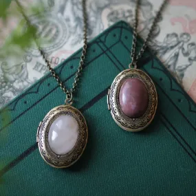 Pink Oval Stone Locket in Rose Quartz or Rhodonite