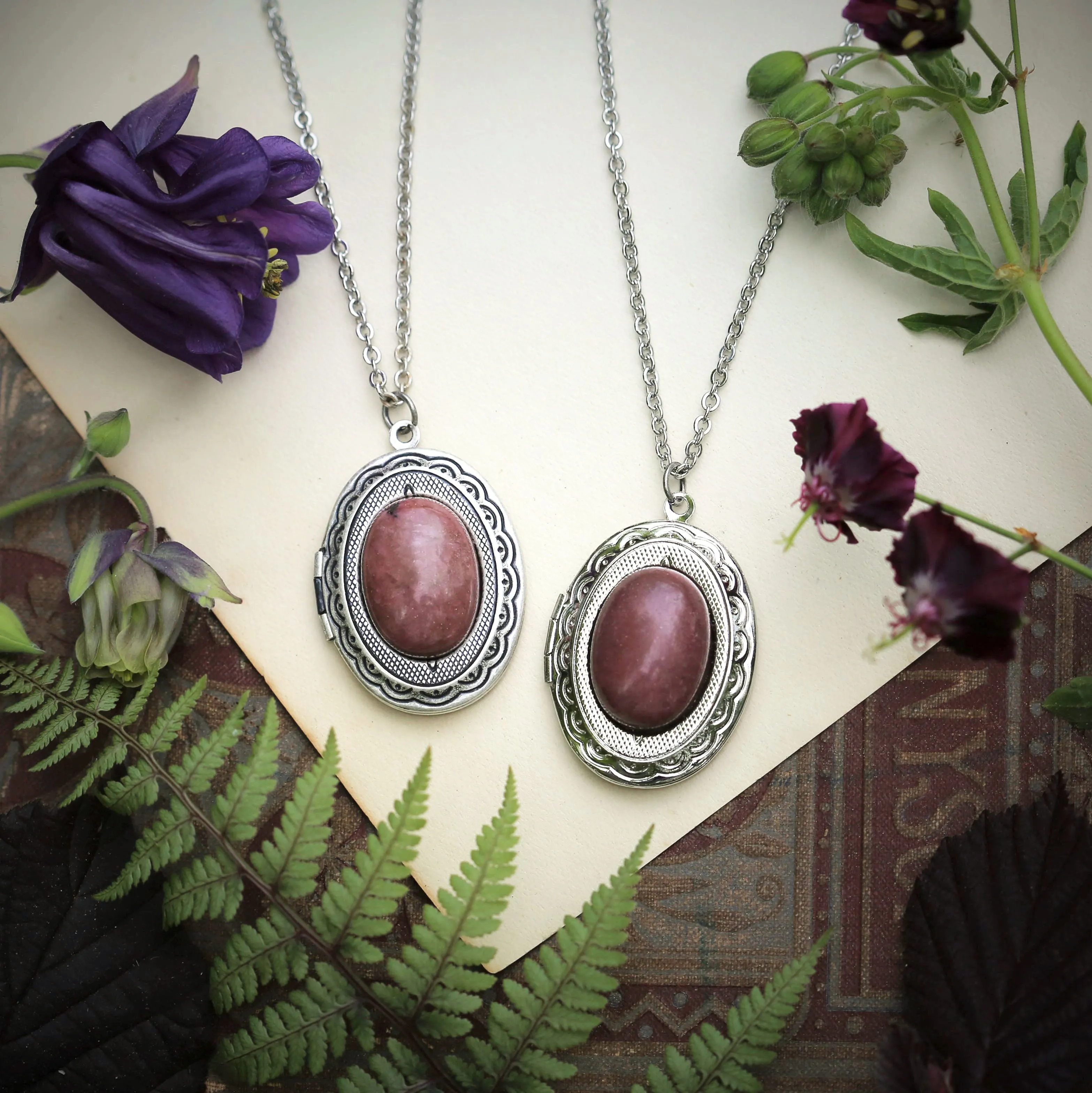 Pink Oval Stone Locket in Rose Quartz or Rhodonite