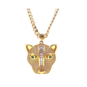 Pre Order:  Cubic Zircon Leopard Head Pendant Cuban Chain Necklace