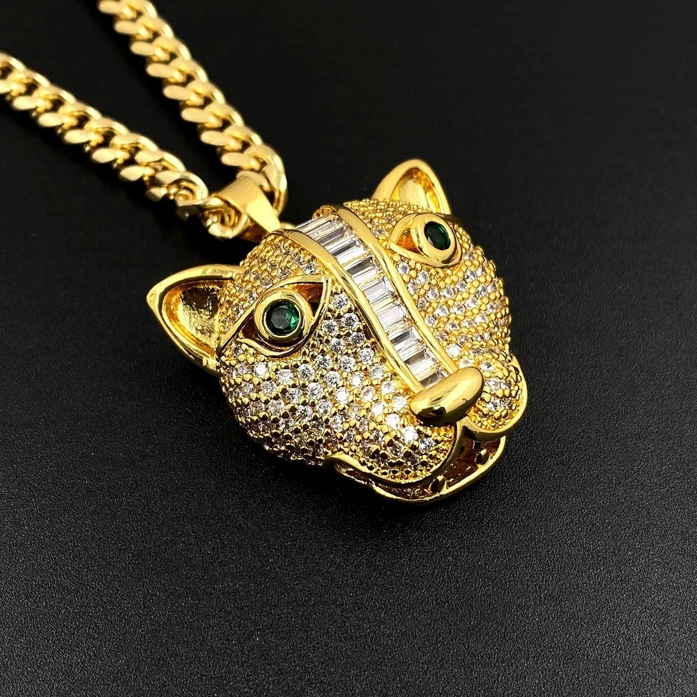 Pre Order:  Cubic Zircon Leopard Head Pendant Cuban Chain Necklace