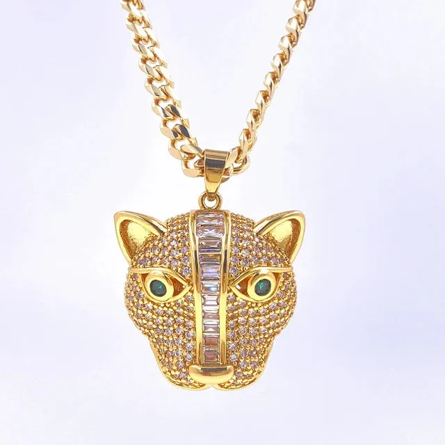 Pre Order:  Cubic Zircon Leopard Head Pendant Cuban Chain Necklace