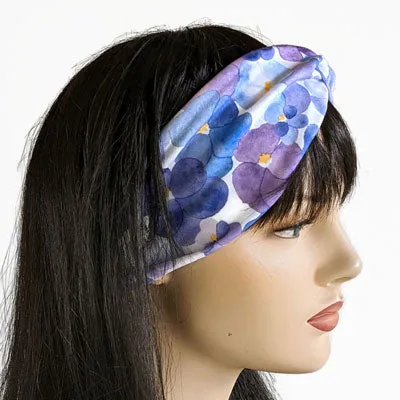 Premium, wide turban style comfy wide jersey knit headband, pansies