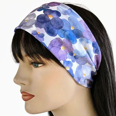 Premium, wide turban style comfy wide jersey knit headband, pansies