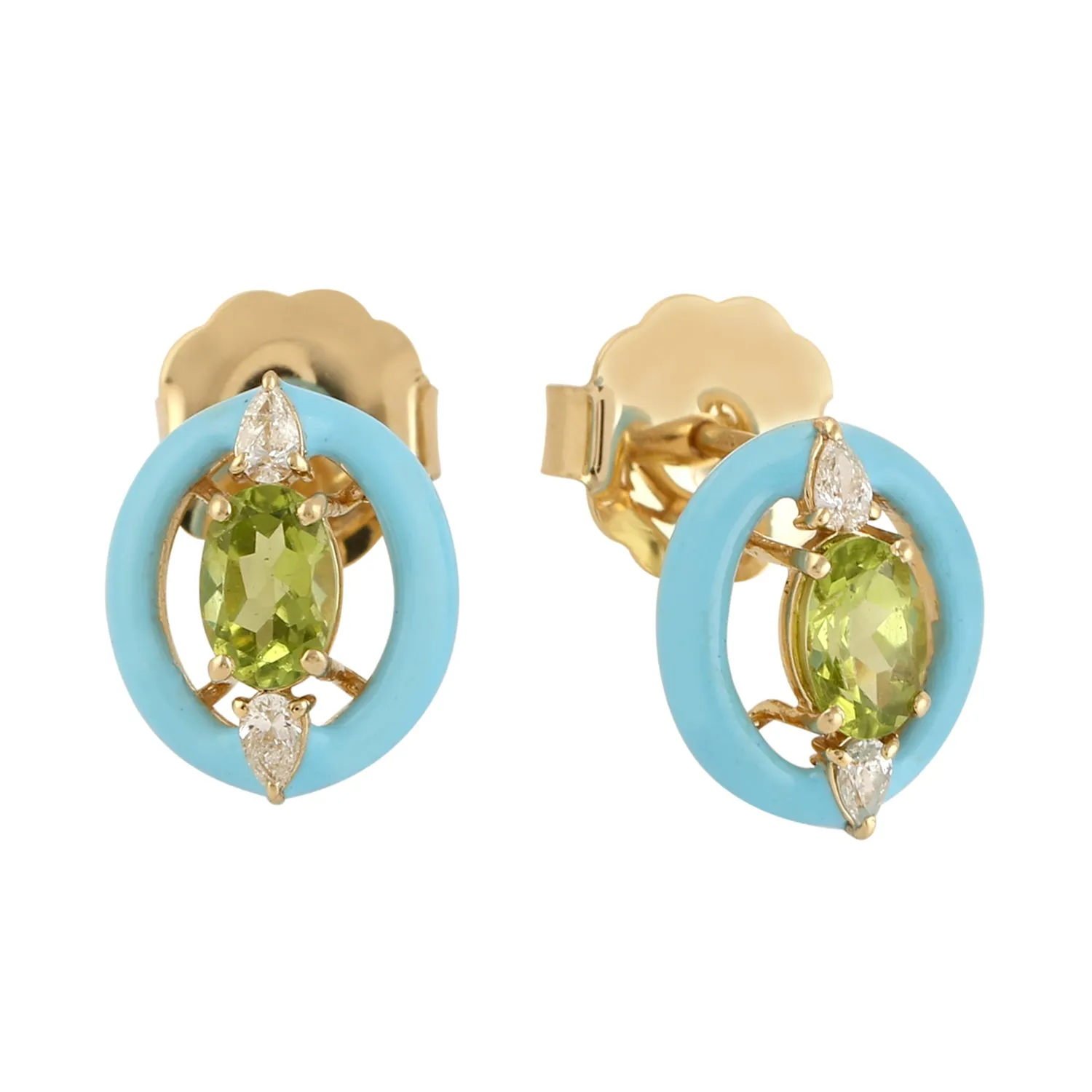 Prong Set Peridot & Diamond Gemstone Enamel Stud Earrings Jewelry In 14k Yellow Gold