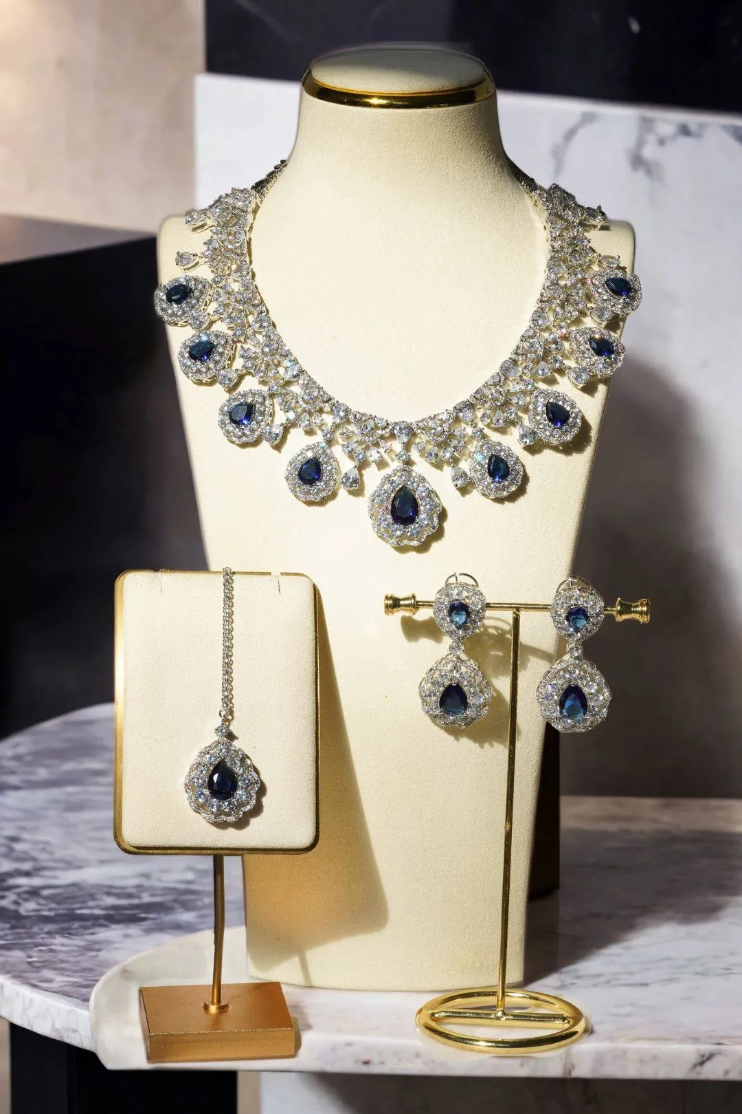 Purvi - Diamante Accent Necklace Set with Dangler Earrings & Matching Maang Tikka