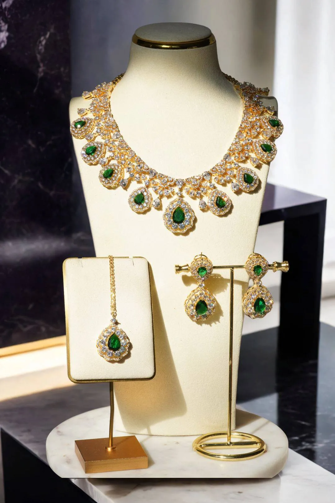 Purvi - Diamante Accent Necklace Set with Dangler Earrings & Matching Maang Tikka