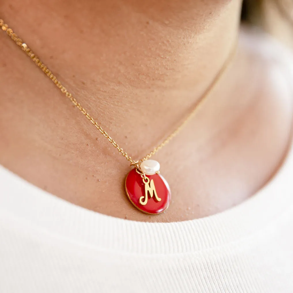 "Le Délice" Waterproof "Imperméable” Personalized Initial Enamel and Pearl Script Necklace - Red