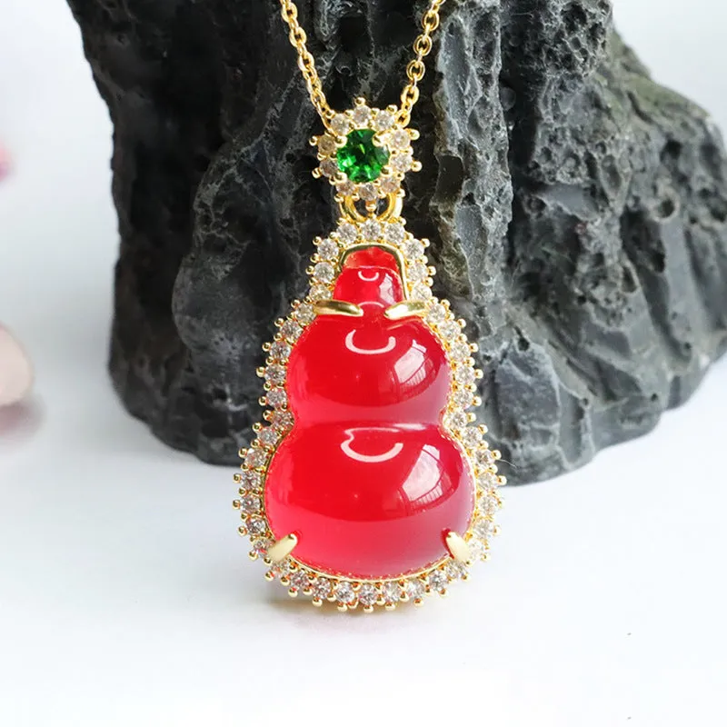 Red Agate Gourd Pendant Necklace with Zircon Halo