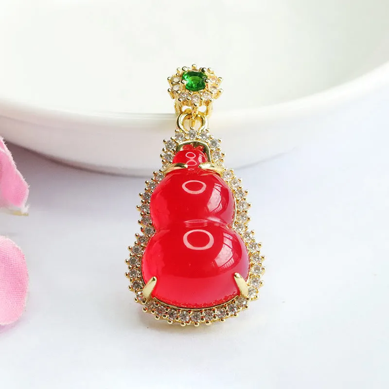 Red Agate Gourd Pendant Necklace with Zircon Halo