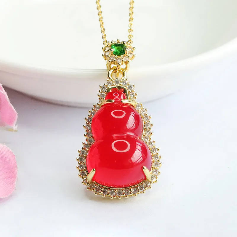 Red Agate Gourd Pendant Necklace with Zircon Halo