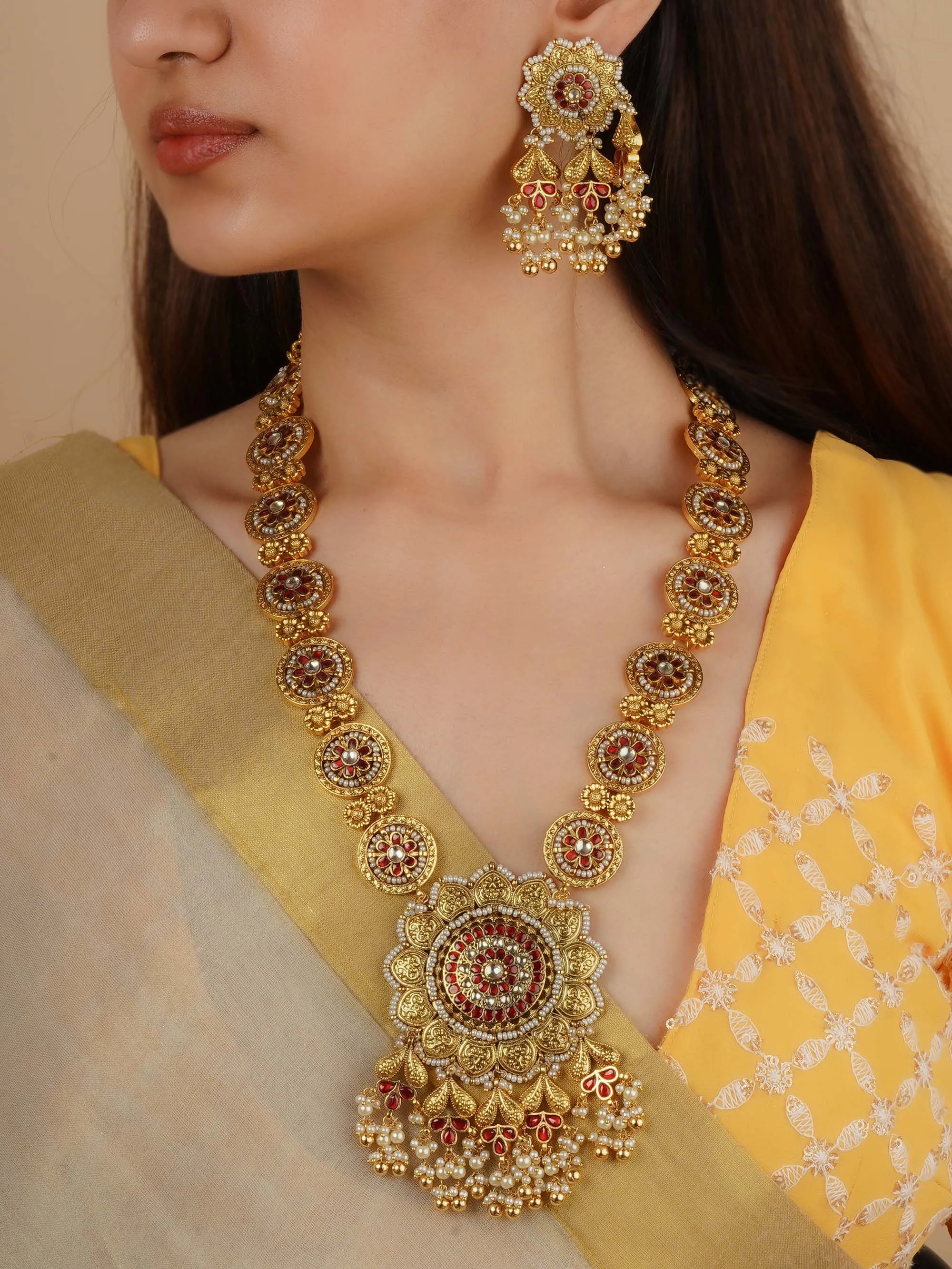 Red Color Gold Plated Jadau Kundan Necklace Set - MS2204YR