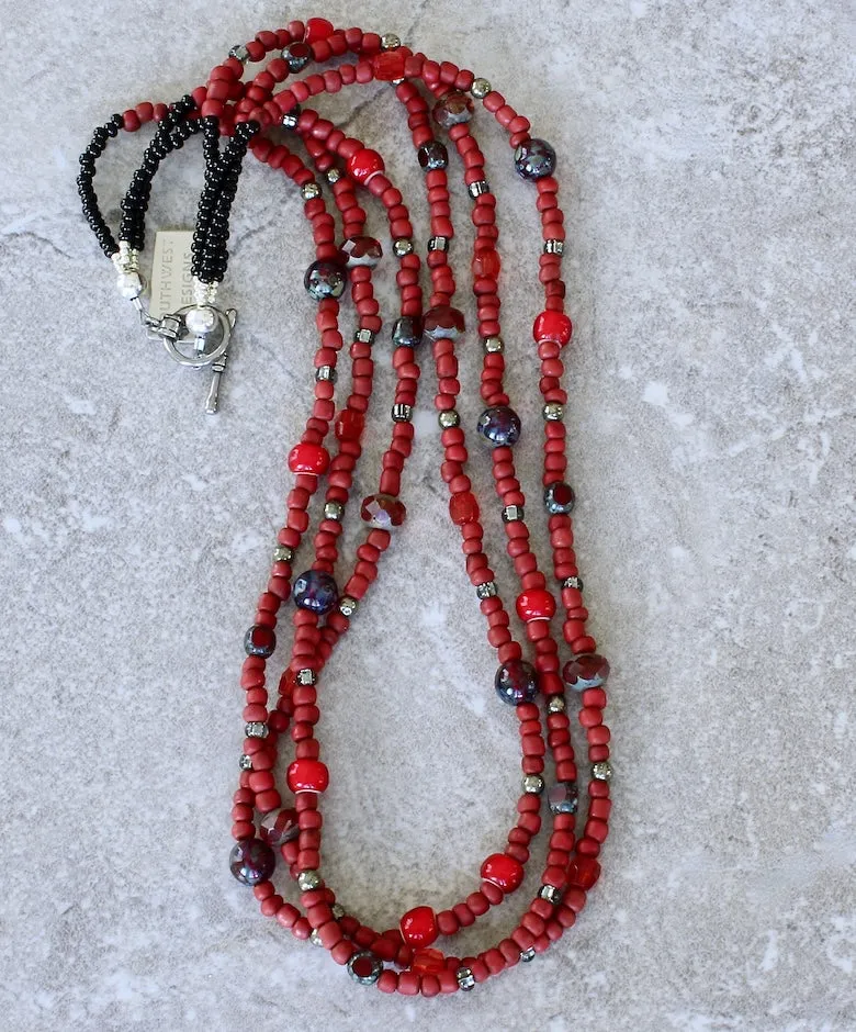 Red Indonesian Glass Rondelle Bead 3-Strand Necklace with Czech Glass, Red White Heart Beads and a Sterling Silver Toggle Clasp