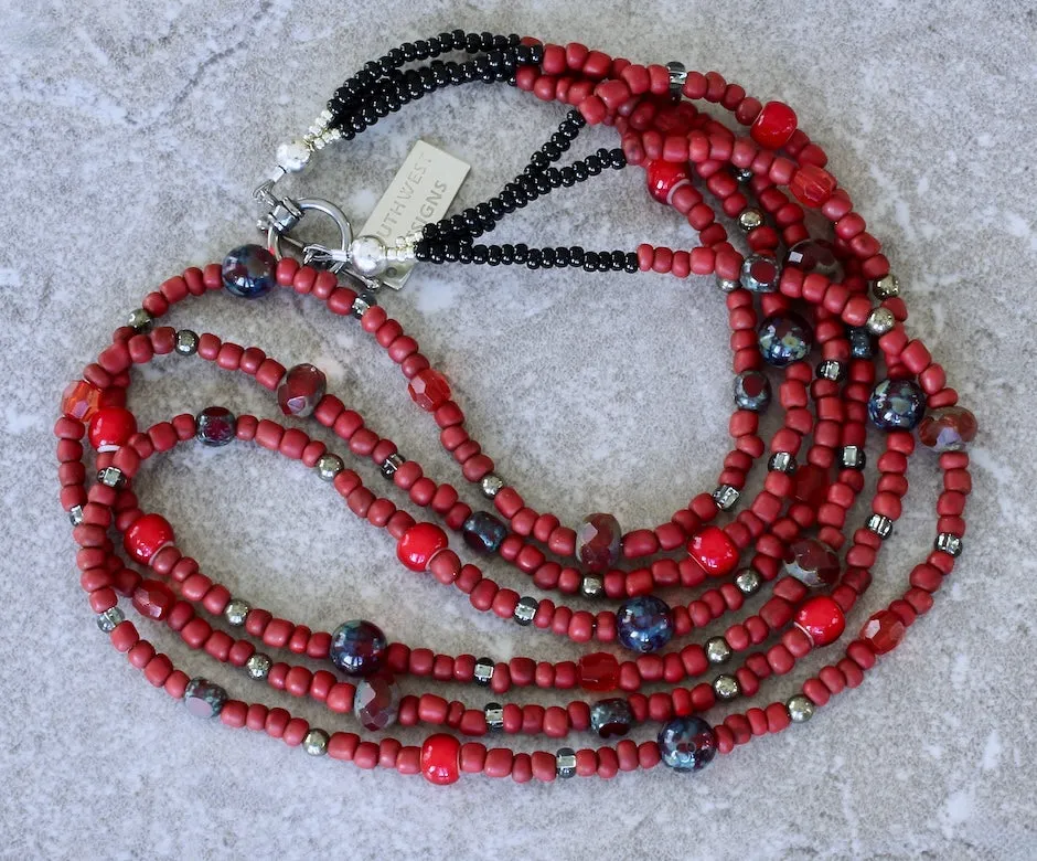 Red Indonesian Glass Rondelle Bead 3-Strand Necklace with Czech Glass, Red White Heart Beads and a Sterling Silver Toggle Clasp