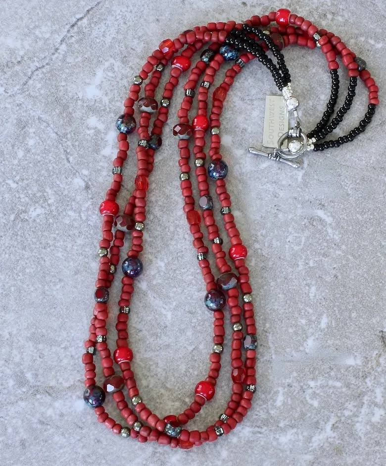 Red Indonesian Glass Rondelle Bead 3-Strand Necklace with Czech Glass, Red White Heart Beads and a Sterling Silver Toggle Clasp