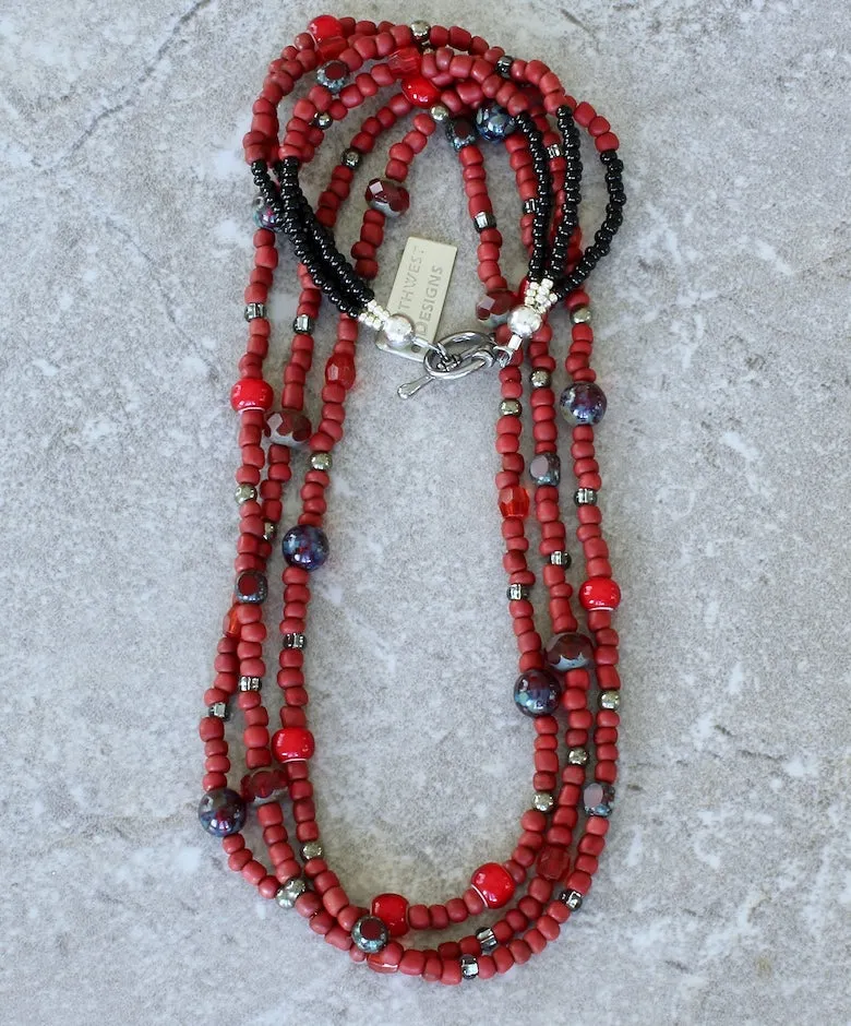 Red Indonesian Glass Rondelle Bead 3-Strand Necklace with Czech Glass, Red White Heart Beads and a Sterling Silver Toggle Clasp