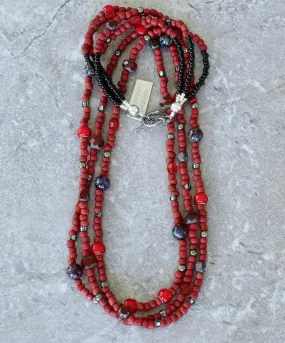 Red Indonesian Glass Rondelle Bead 3-Strand Necklace with Czech Glass, Red White Heart Beads and a Sterling Silver Toggle Clasp