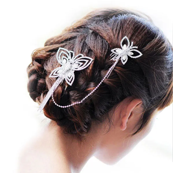 Rhinestone Bridal Linked Butterfly Decorative Comb Set with Tassels