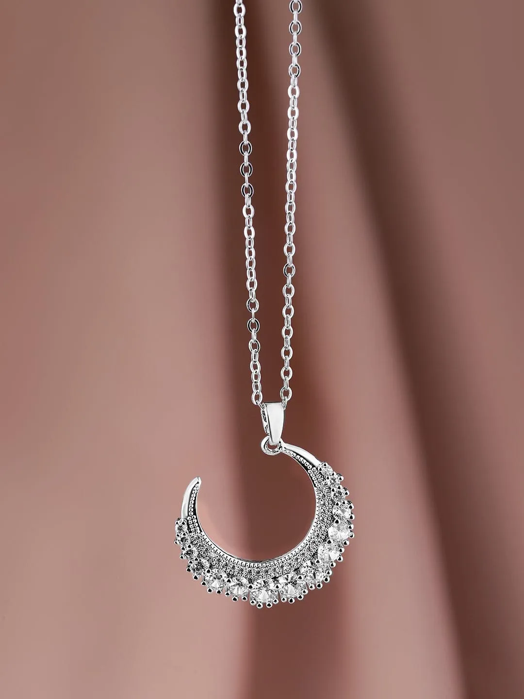 Rhodium Plated Stainless Steel Tarnish-Free Waterproof Zirconia Studded Half Moon Necklace