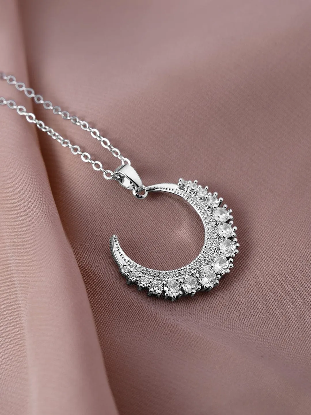 Rhodium Plated Stainless Steel Tarnish-Free Waterproof Zirconia Studded Half Moon Necklace