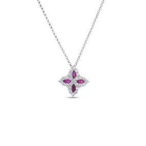 Roberto Coin Princess Flower 18K White Gold Diamond and Ruby Pendant