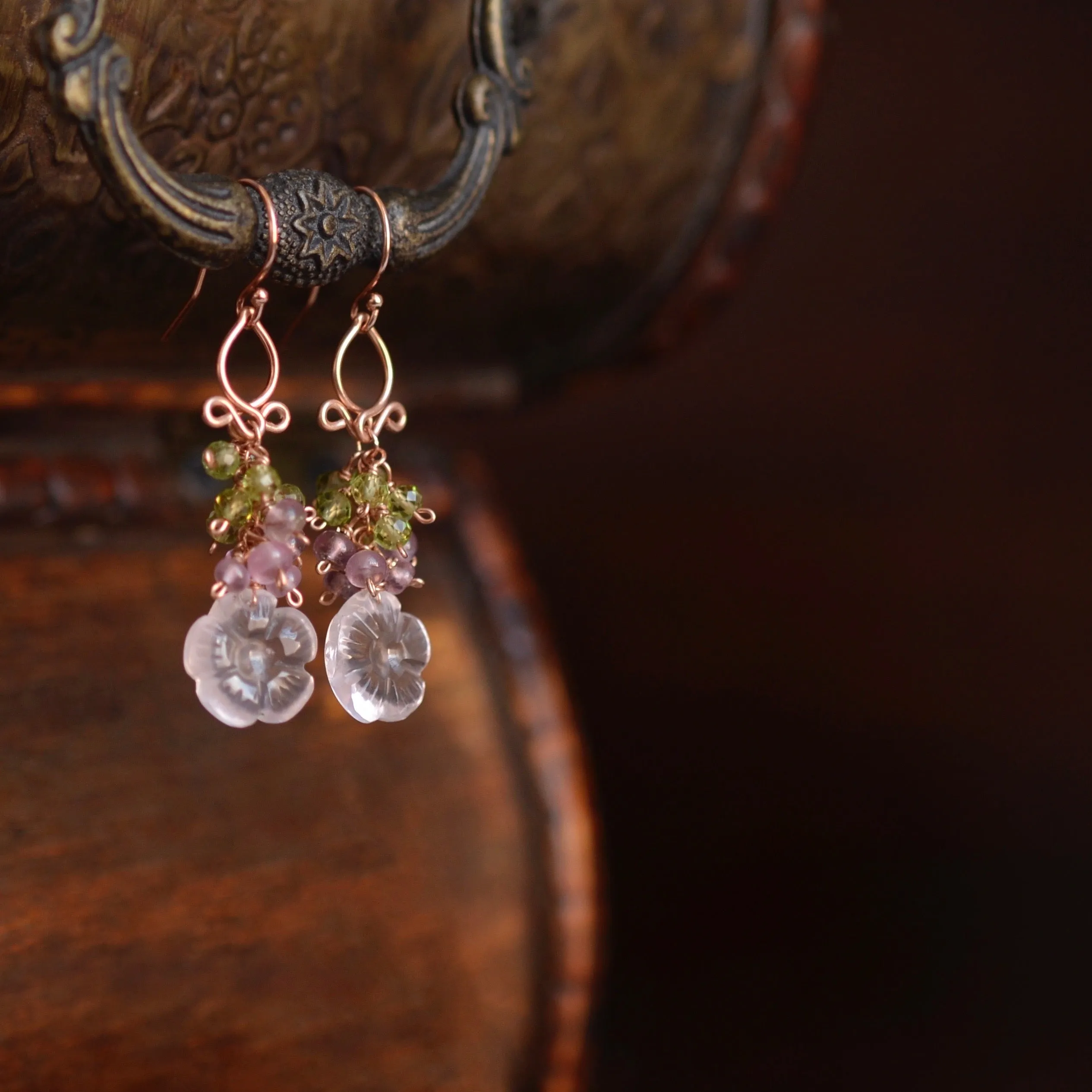 Rosalia - Rose Quartz, Peridot, Spinel 14k Rose Gold Filled Earrings