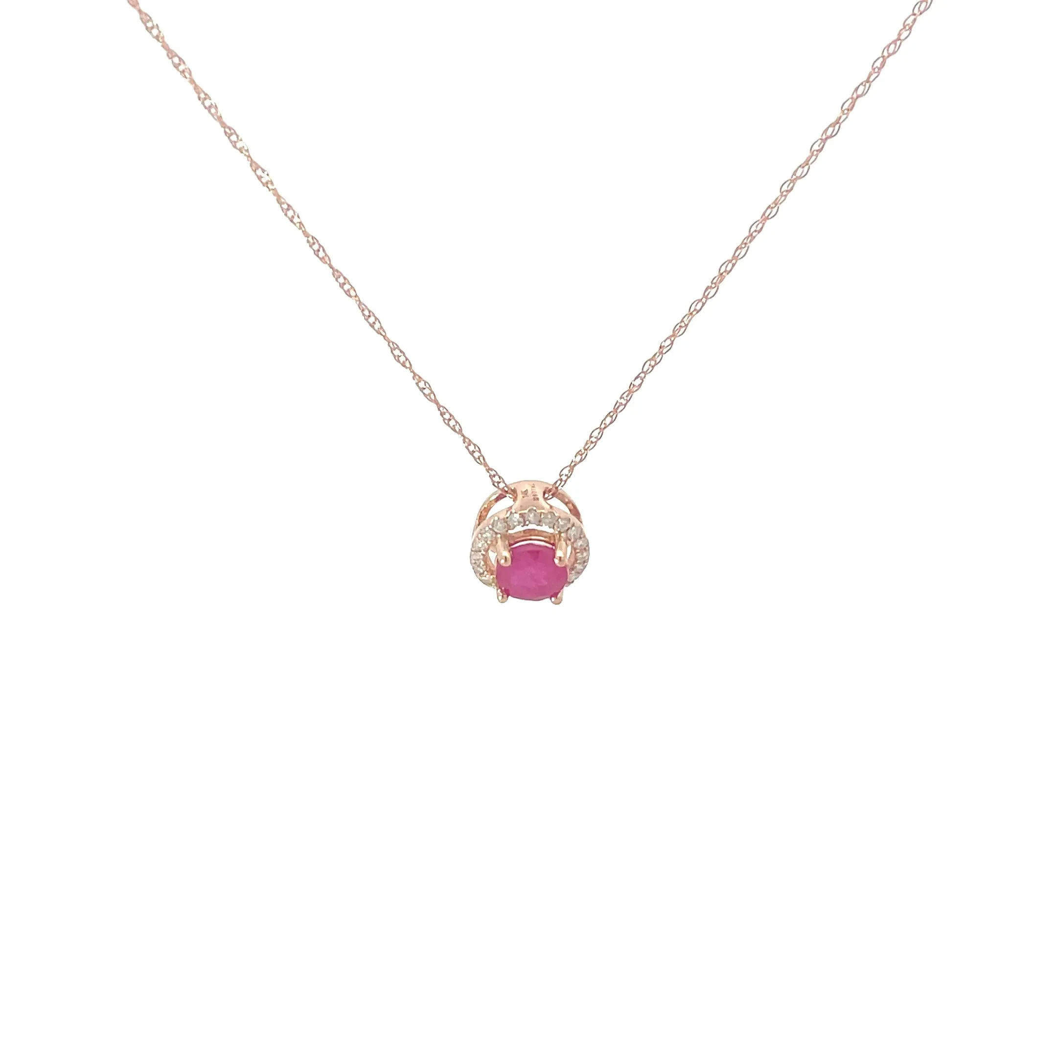 Rose Gold Ruby Diamond Halo Pendant Necklace