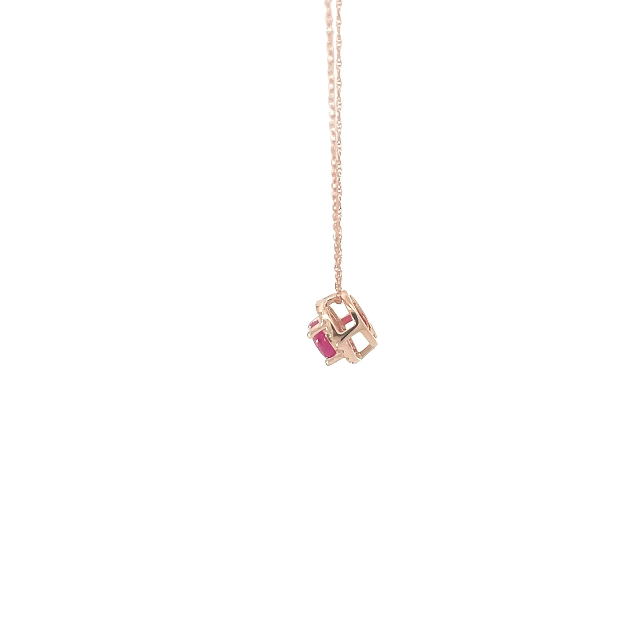 Rose Gold Ruby Diamond Halo Pendant Necklace