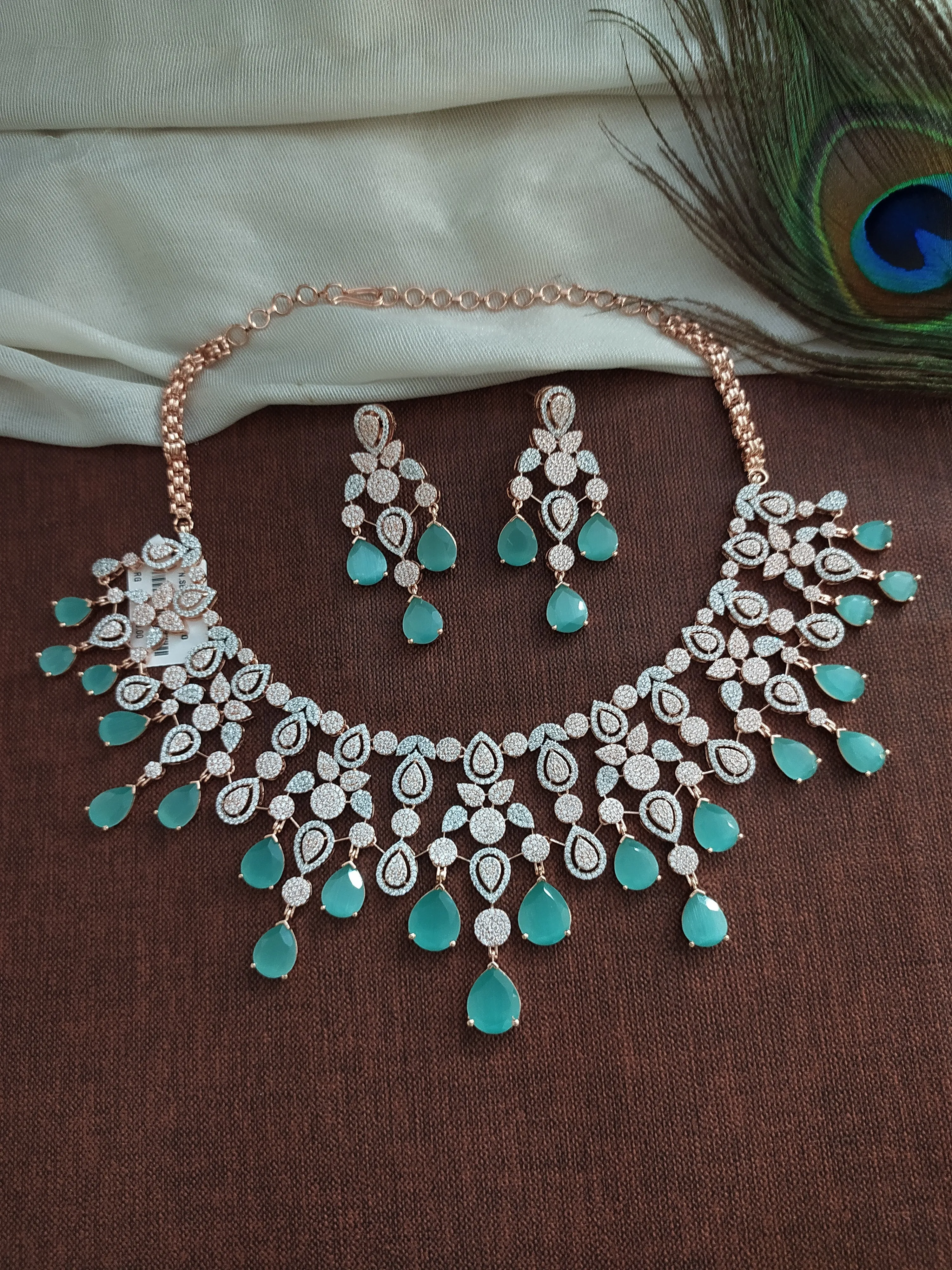 Rose-gold Zircon Necklace Set in Mint & Baby Pink Color