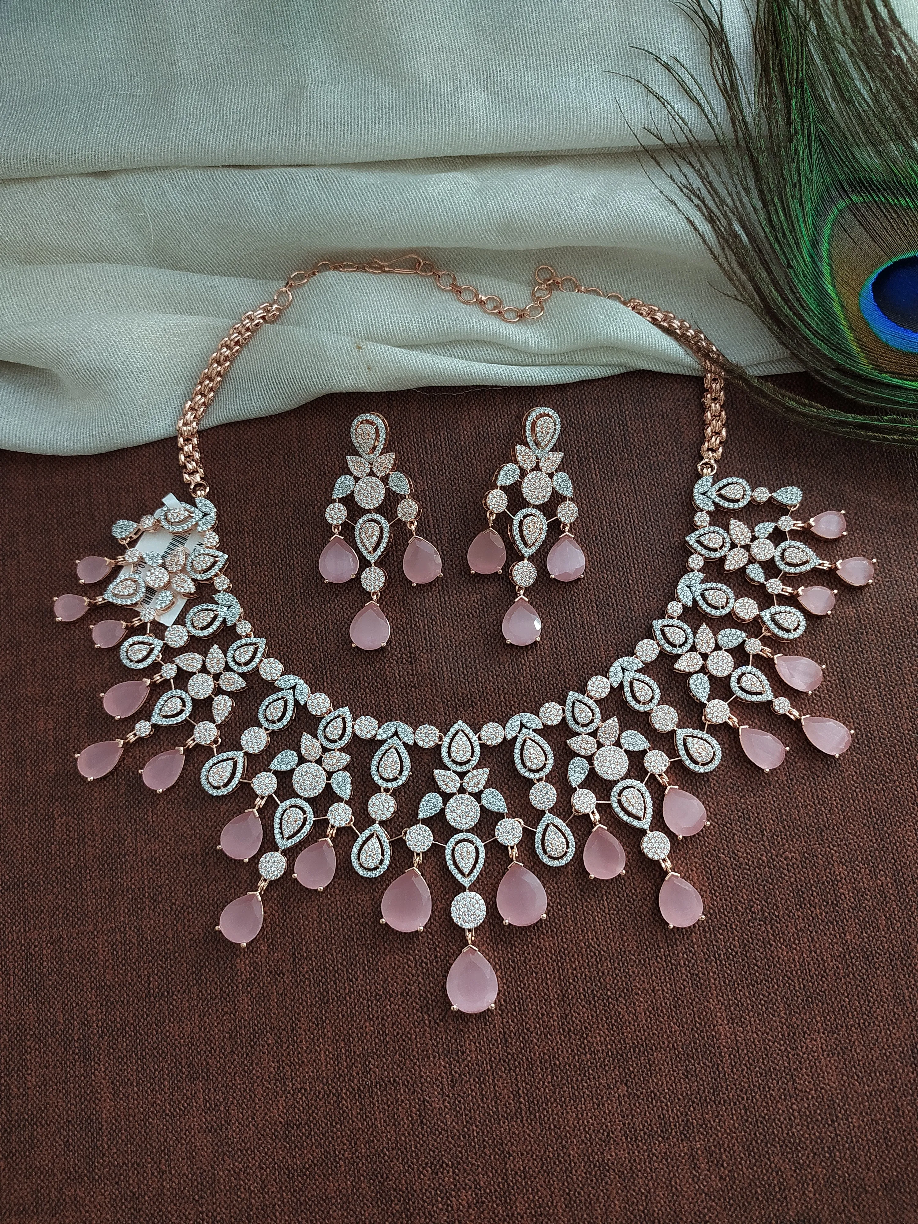 Rose-gold Zircon Necklace Set in Mint & Baby Pink Color