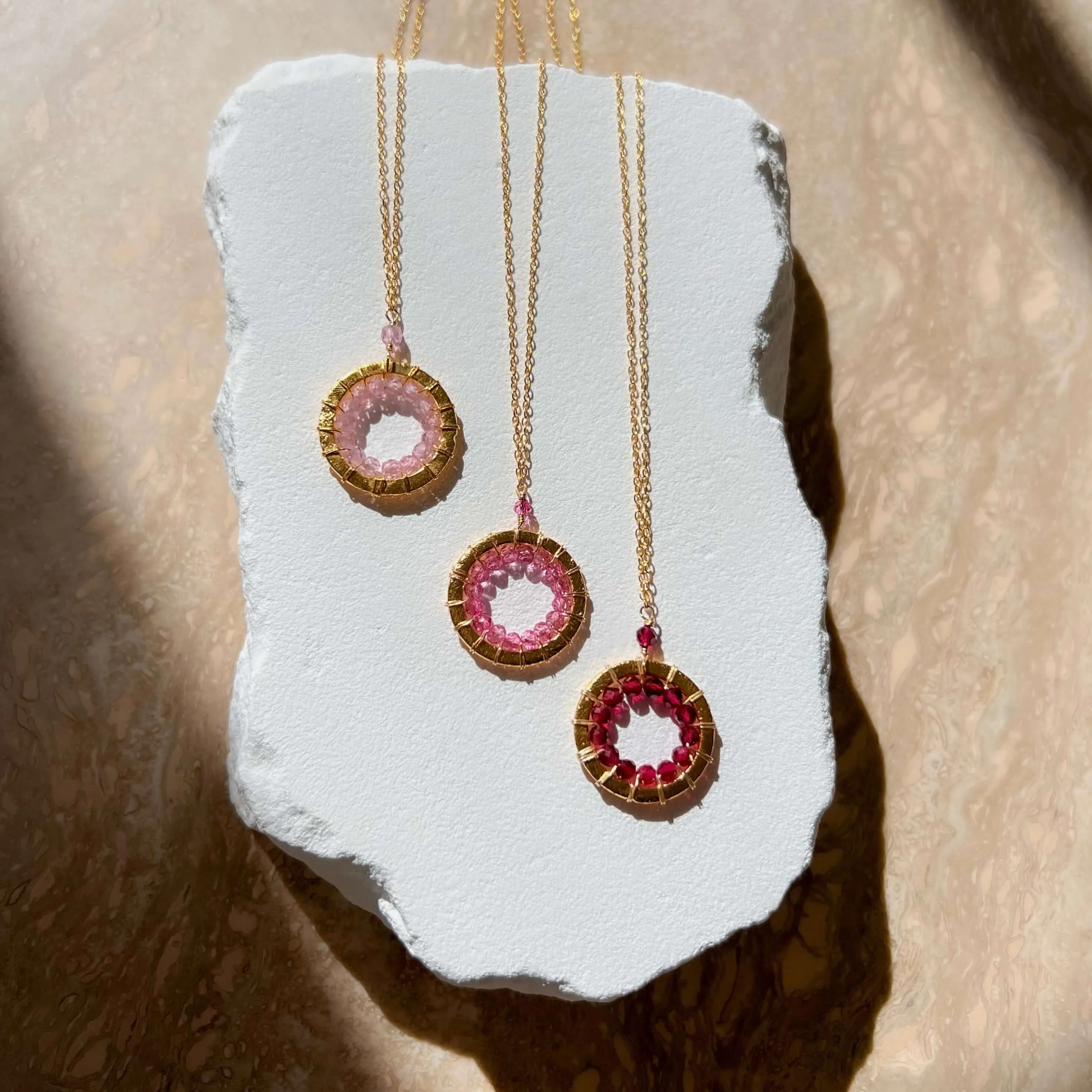 Rose Quartz, Pink Tourmaline and Ruby Quartz Halo Mini Gold Pendants