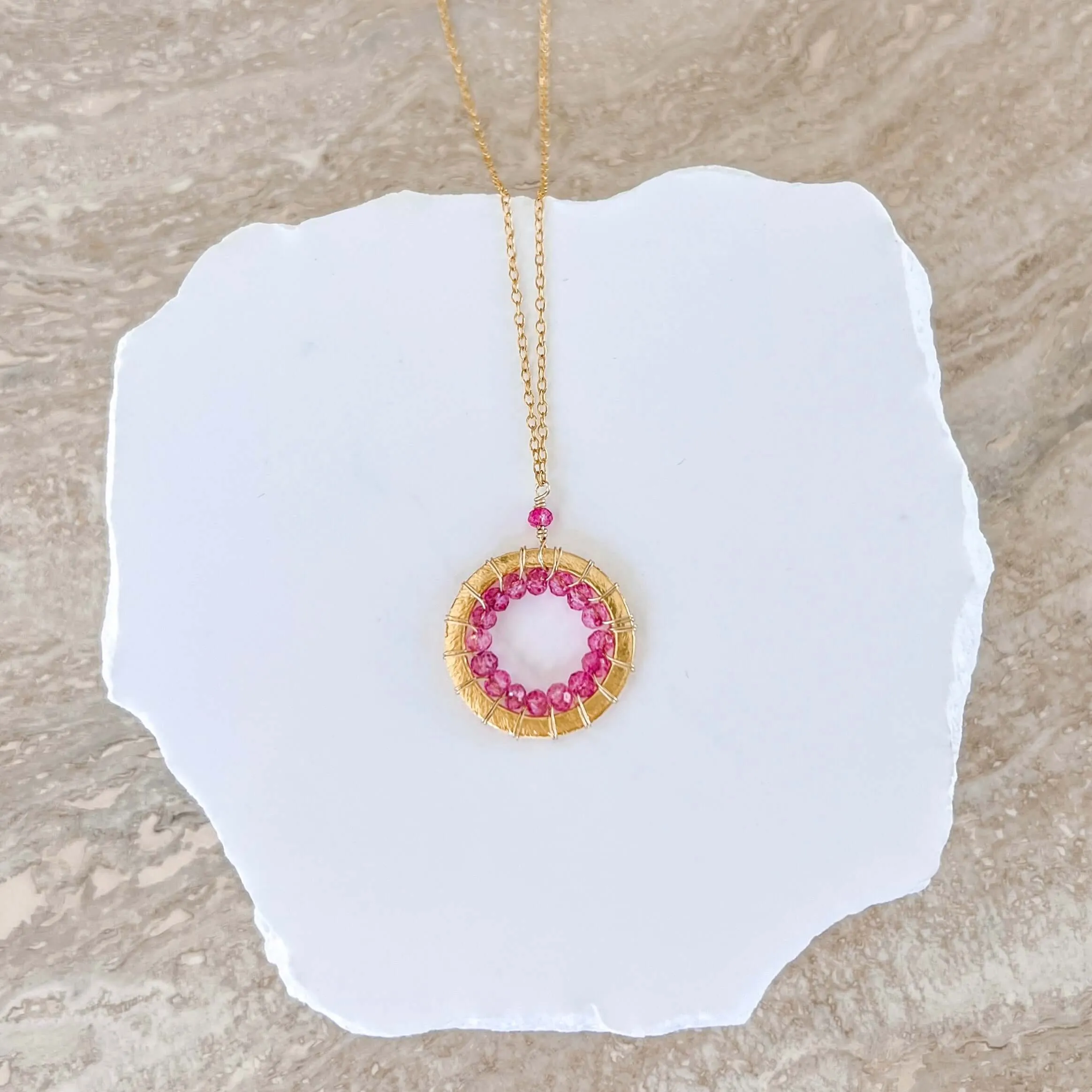 Rose Quartz, Pink Tourmaline and Ruby Quartz Halo Mini Gold Pendants