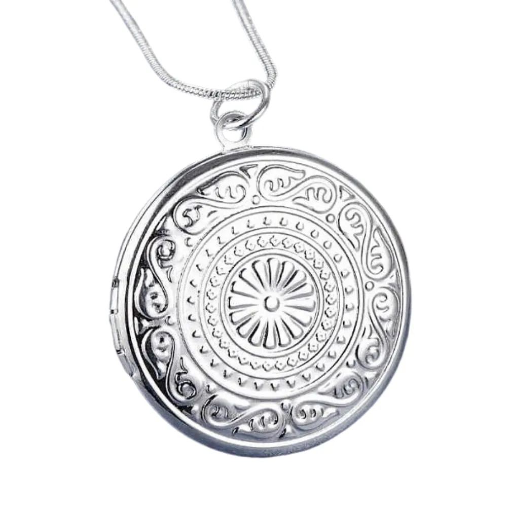 Round Embossed Sterling Silver Locket Necklace for Woman